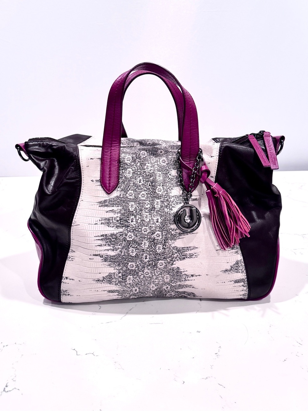 Charles Jourdan Genuine Leather Vintage Black & Magenta Handbag Tote & Charm EUC